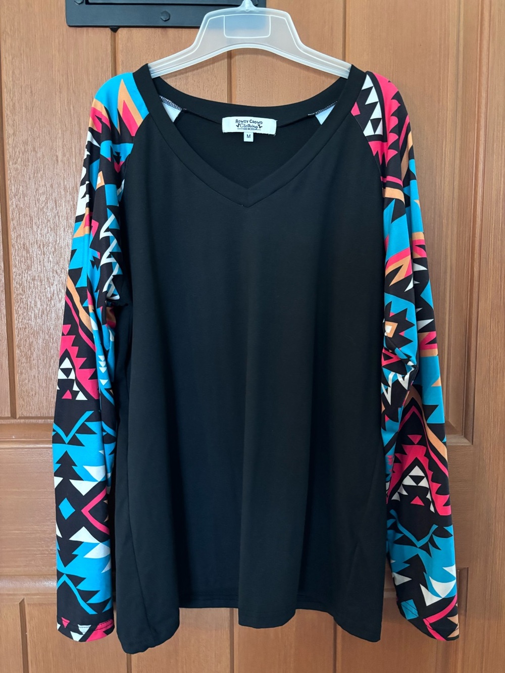 Black V-Neck Pullover with Multicolor Aztec Raglan Sleeves